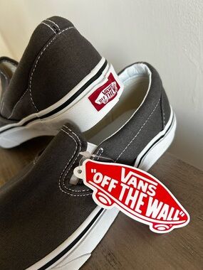Vans Charcoal Gray Slip-On Canvas Sneakers with White Soles
